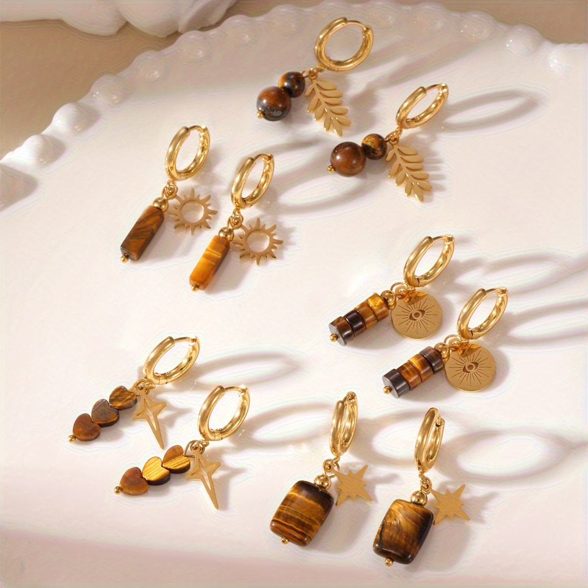 Women's 18K Gold Plated Tiger's Eye Stone Leaf Starburst Drop Hoop Earrings